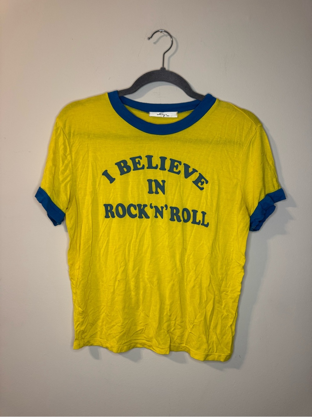 Vintage Yellow Blue Ringer T Shirt M I Believe In Rock N Roll Retro